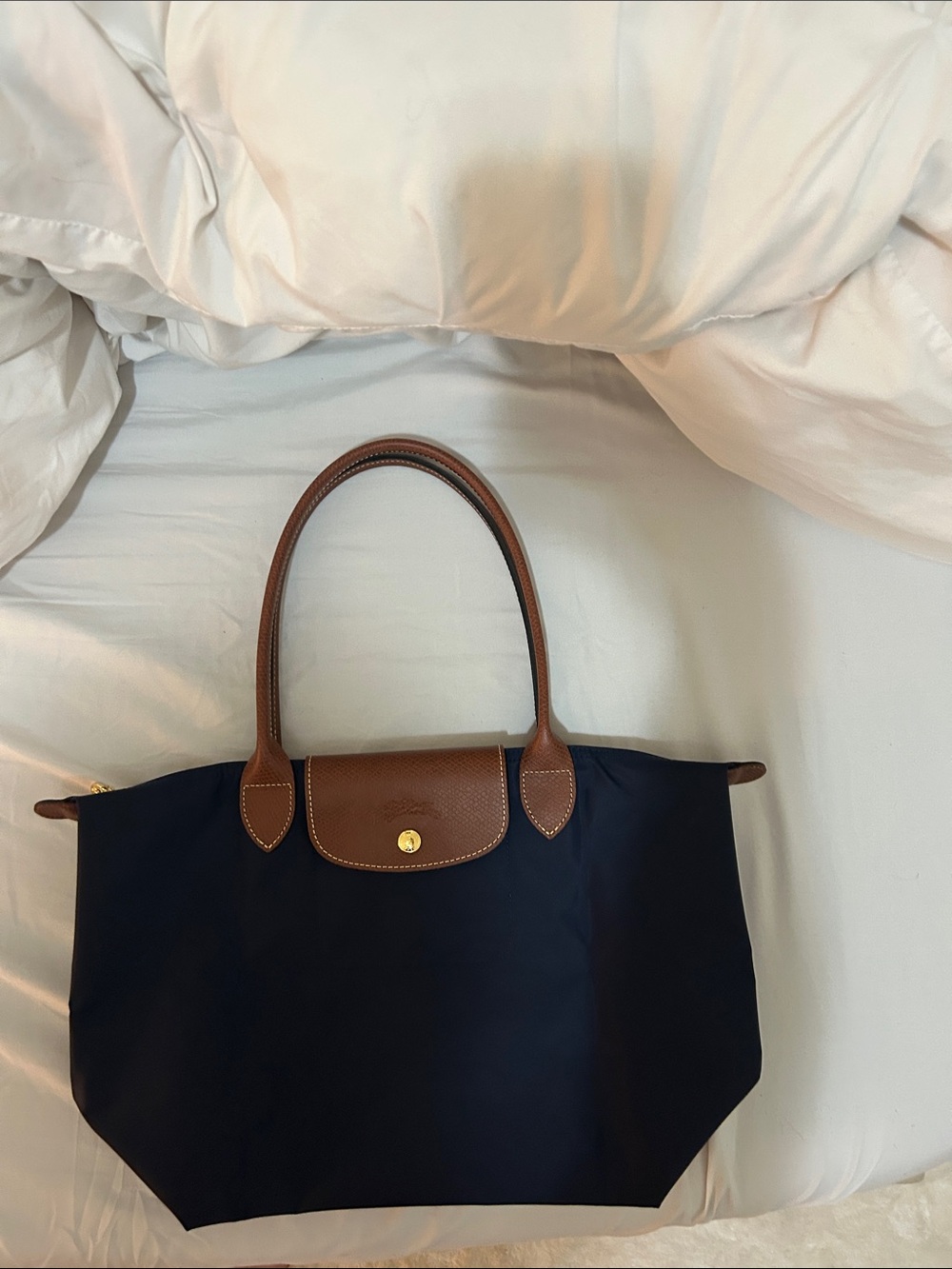 Longchamp Navy Tote with Brown Leather Trim